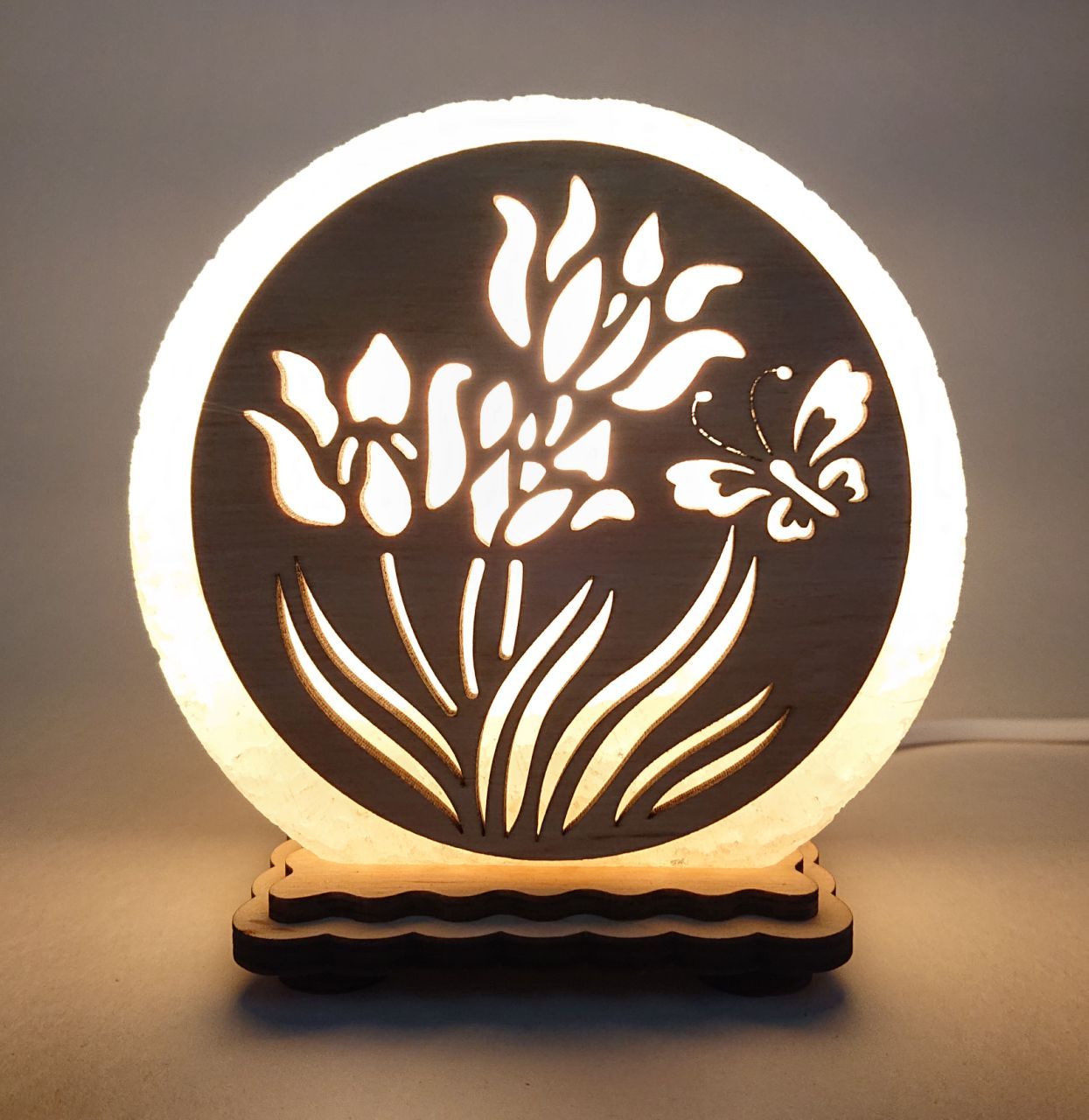 

Соляная лампа EcoDecorLamp круглый маленький Цветы и бабочка желтый