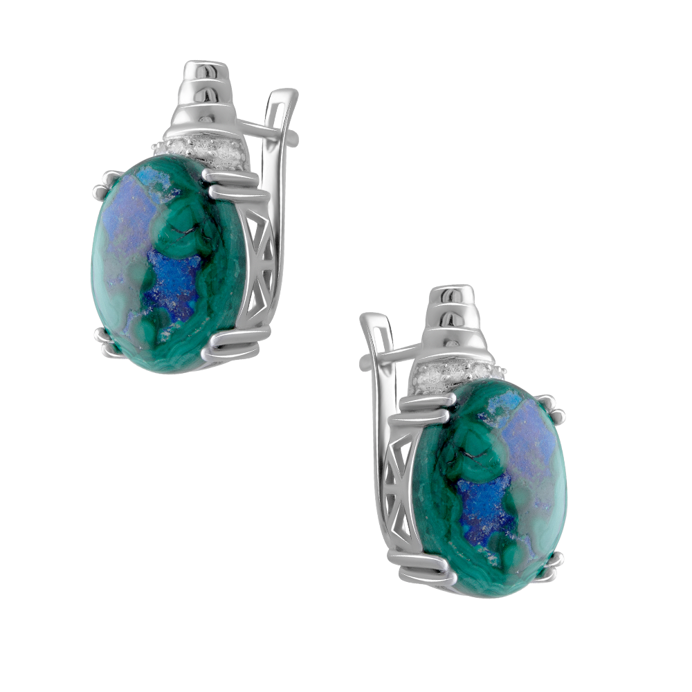 

Срібні сережки 925 проби 10,47 г з азурними малахітами та білими цирконами 20,442 карат Valentine