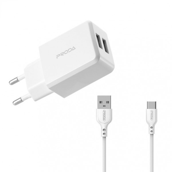 

Сетевое зарядное устройство для телефона + кабель USB Type-C Android PRODA PD-A22 |2USB, 2.1A| Белый