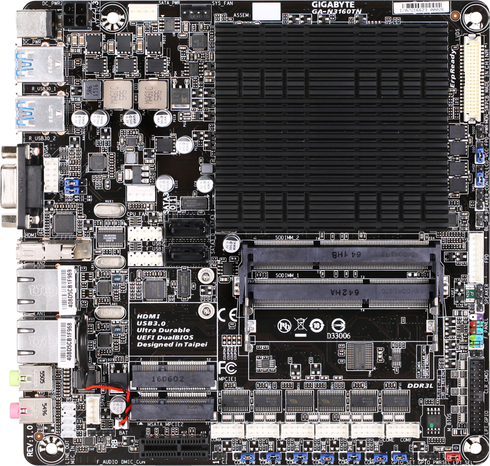 

Материнская плата Gigabyte GA-N3160TN (Intel Celeron N3160, SoC, PCI-Ex1)