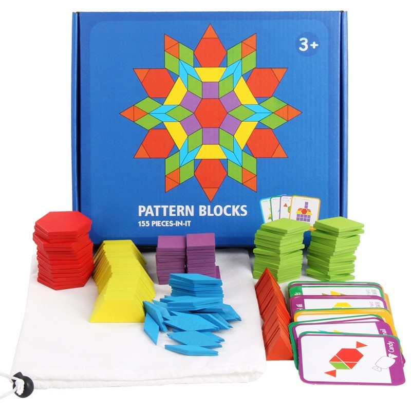

Деревянная геометрическая мозаика пазл Dolai Toys с карточками, 155 деталей PATTERN BLOCKS