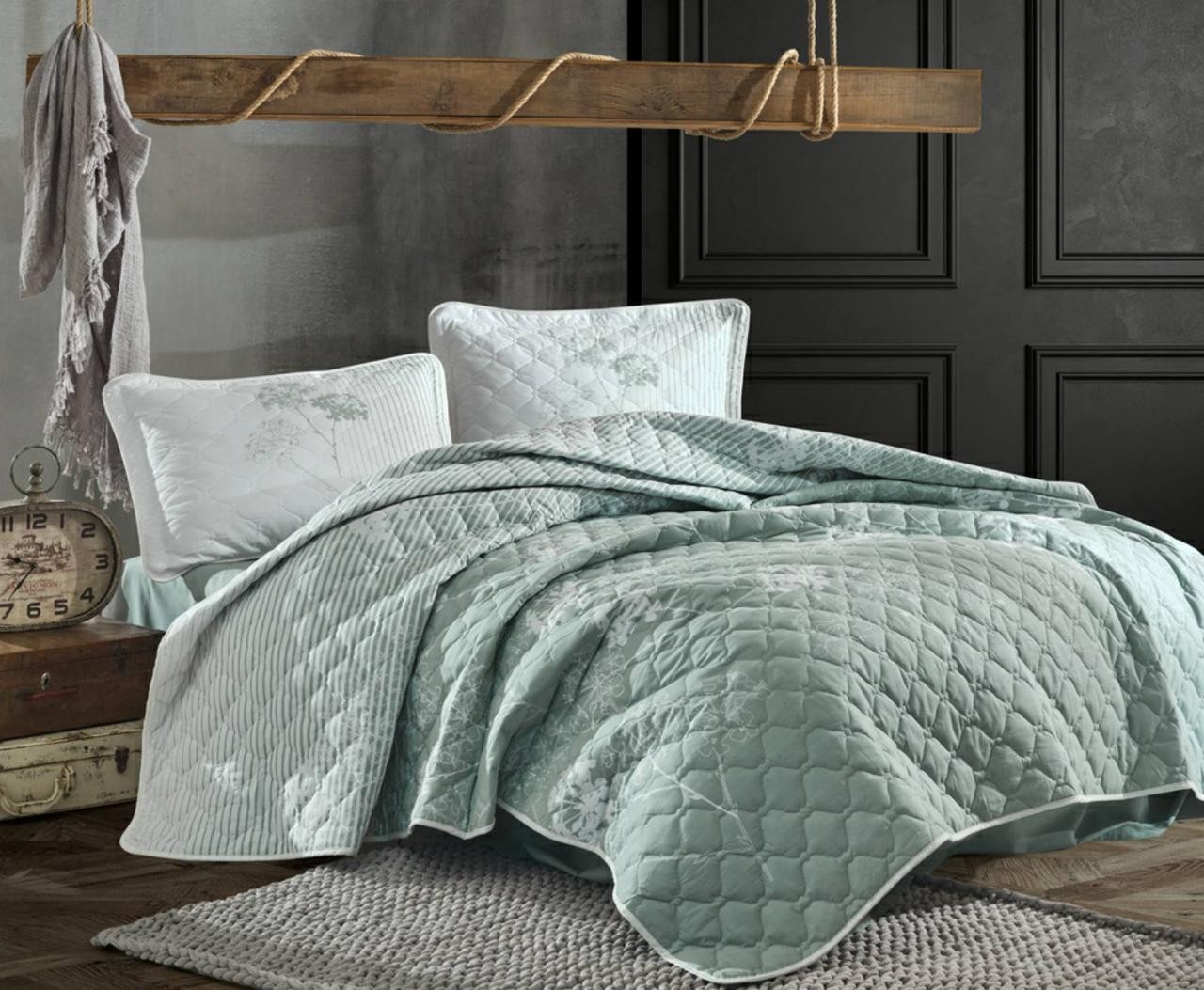 

Покрывало стеганное хлопковое с наволочками Aran Clasy 240x260 Luvi Оливковый