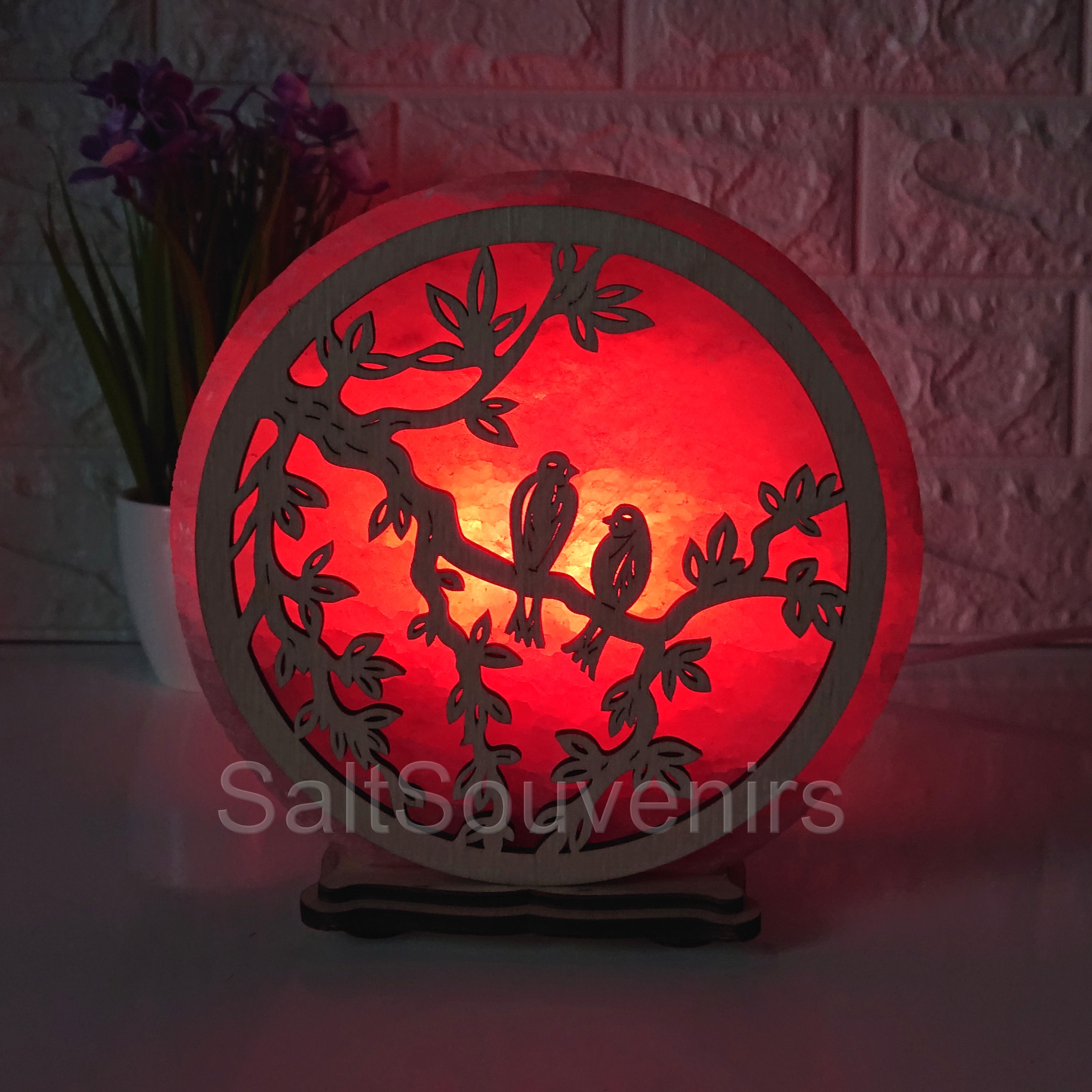 

Соляная лампа EcoDecorLamp круглая Птицы на ветке красный