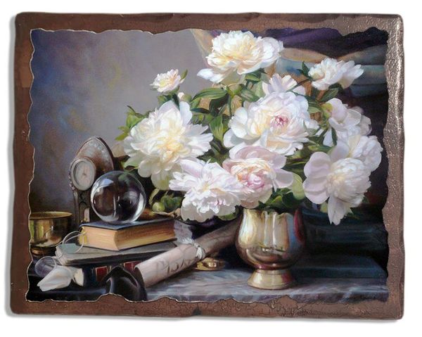 

Картина под старину на дереве Збигнев Копания "Пионы и часы", 40*50 см
