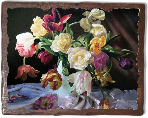 

Картина под старину на дереве Збигнев Копания "Пионы и тюльпаны", 30*40 см
