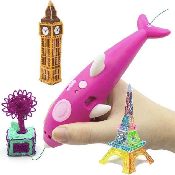

3D ручка 3D Pen аккумуляторная с трафаретами и пластиком дельфин Розовая