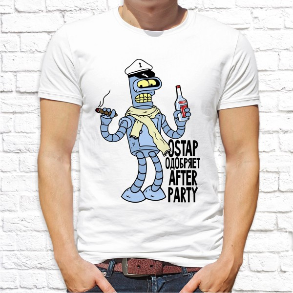 

Мужская футболка Push IT с принтом Робот "Ostap одобряет after party" XXXL, Белый