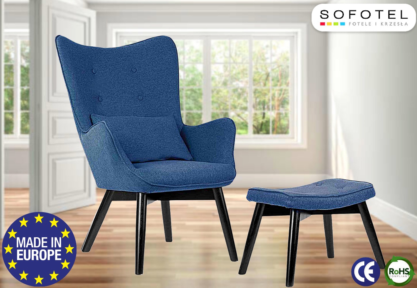 

Мягкое Кресло Wingback в Гостиную с Подставкой Пуфиком для Ног Польша Sofotel Norse Синее / Черное