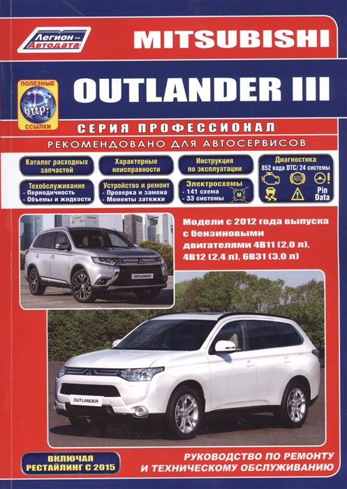 

Mitsubishi Outlander III с 2012 года выпуска с бензиновыми двигателями 4B11 (2,0 л), 4B12 (2,4 л) и 6B31 (3,0 л), включая рестайлинговые модели с 2015 года выпуска (+ каталог расходных запчастей)