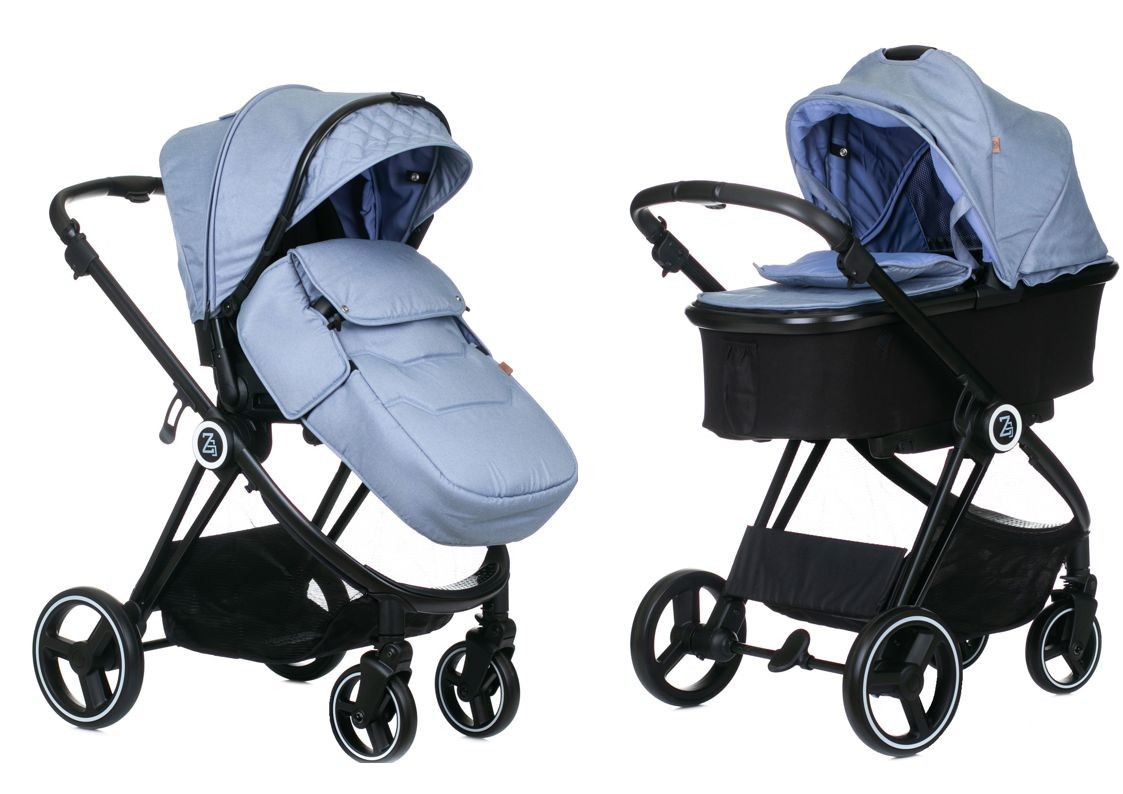 

Детская коляска 2в1 BabyZz B102 легкая универсальная для новорожденных и до 3 х лет голубая на черной раме