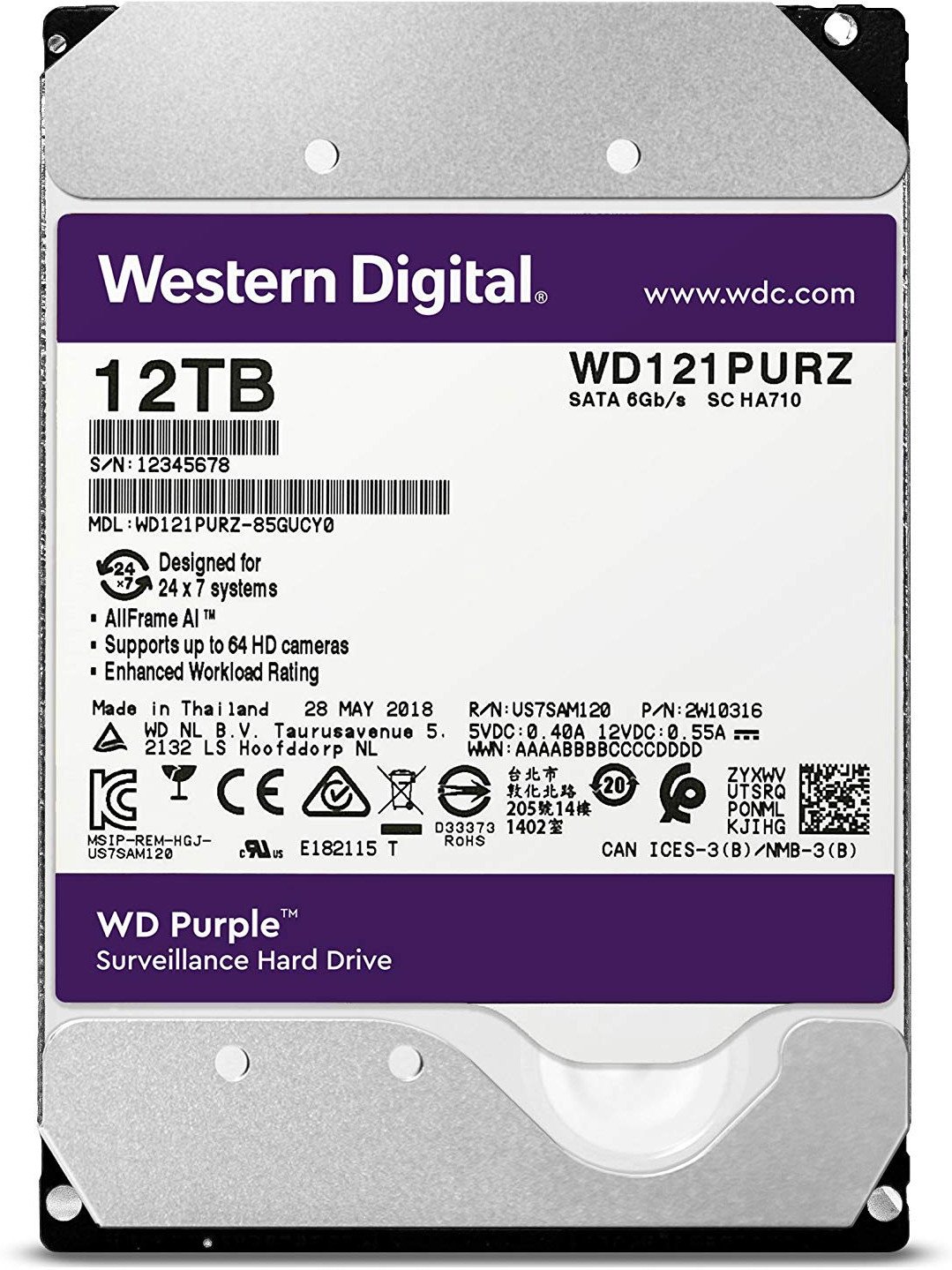 

Жорсткий диск Western Digital Purple 12TB (WD121PURZ) 5400rpm, 256MB (6460395)