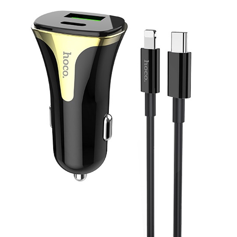 

АвтоЗарядка - Блок Питания в Прикуриватель Hoco Z31A PD+QC3.0 под USB / Type-C ( 1 разъём ) для IPhone и IPad / Android / 3А ( + кабель USB to Lightning ) / Черный