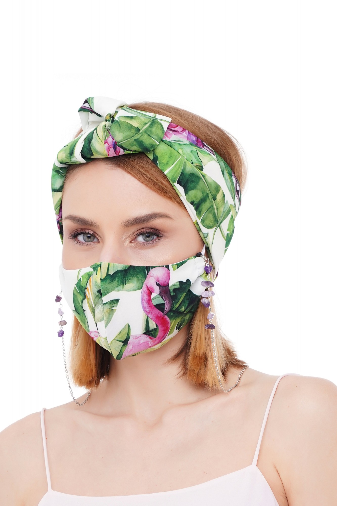 

Летний набор тюрбан +маска +цепочка для маски и очков MyScarf  белые тропики, Летний набор тюрбан +маска +цепочка для маски и очков MyScarf one size белые тропики