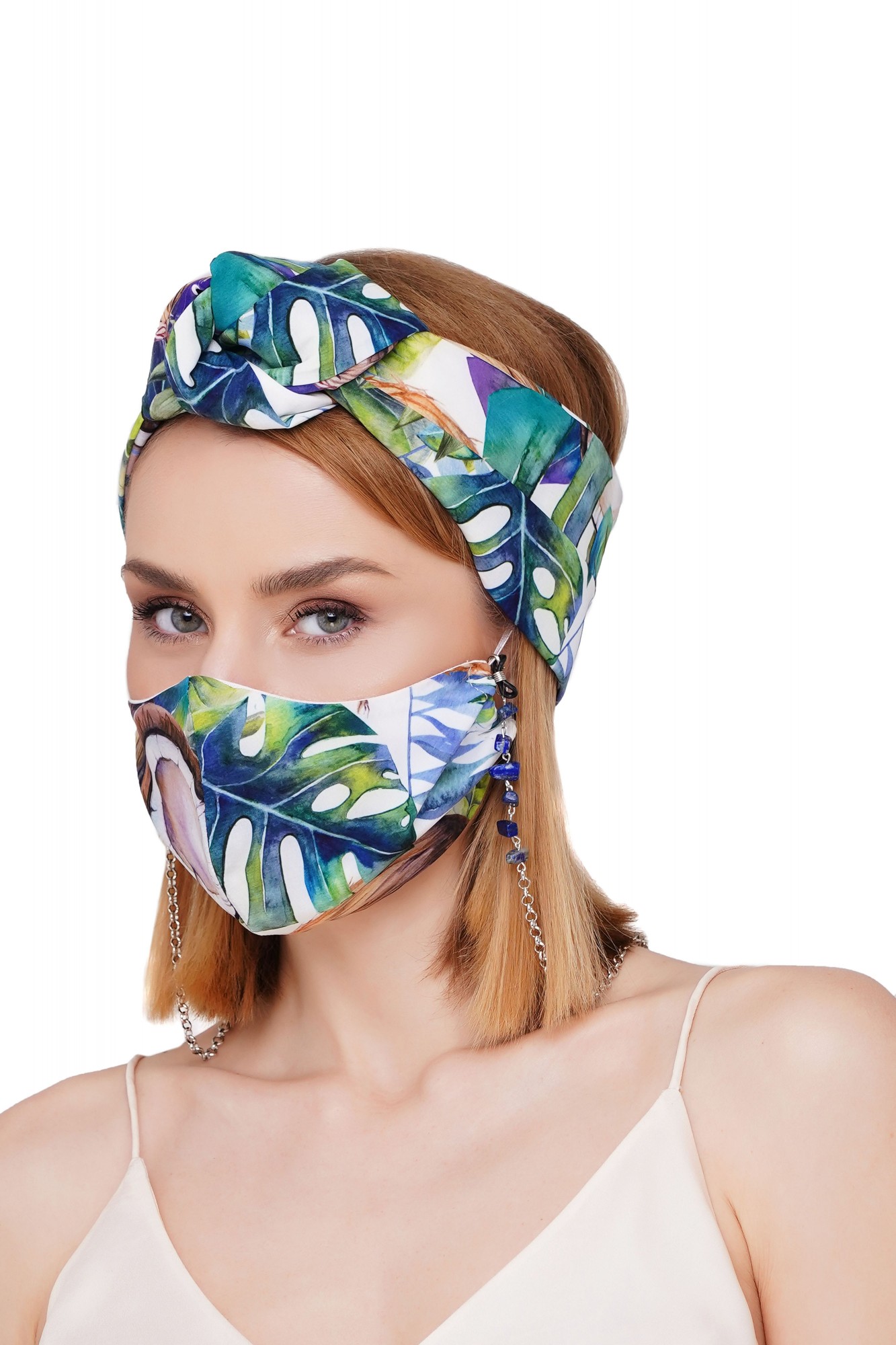 

Летний набор тюрбан +маска +цепочка для маски и очков MyScarf  синие джунгли, Летний набор тюрбан +маска +цепочка для маски и очков MyScarf one size синие джунгли