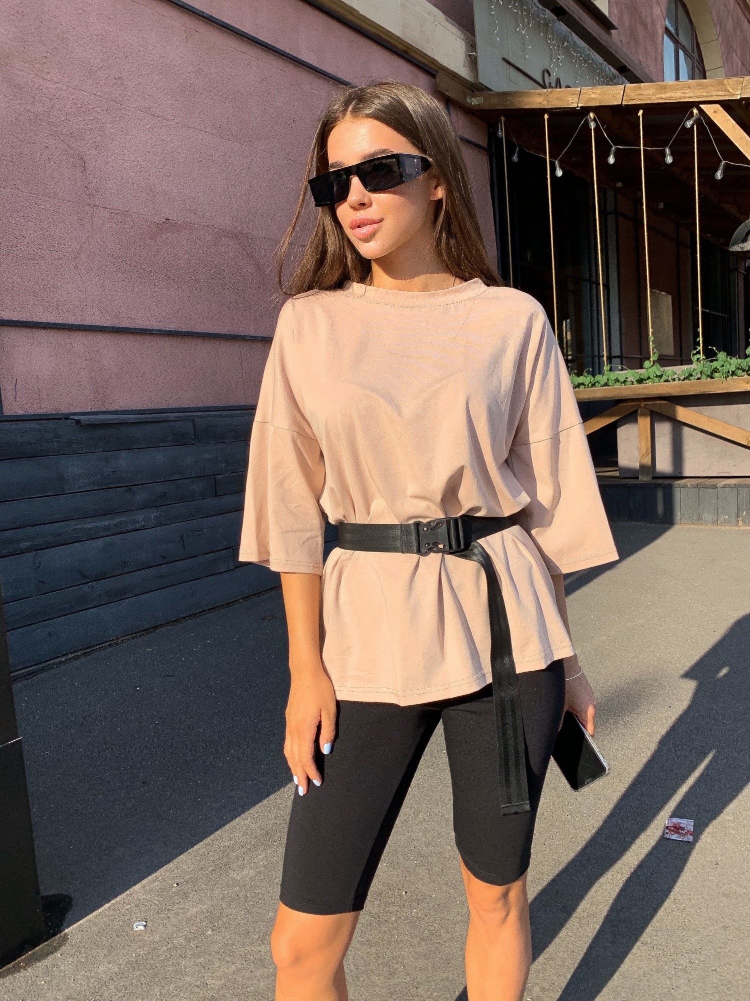 

Костюм женский футболка с поясом и велосипедки K&ML 556 L - XL (48 - 50) Бежевый с черным ( 556 - 02)