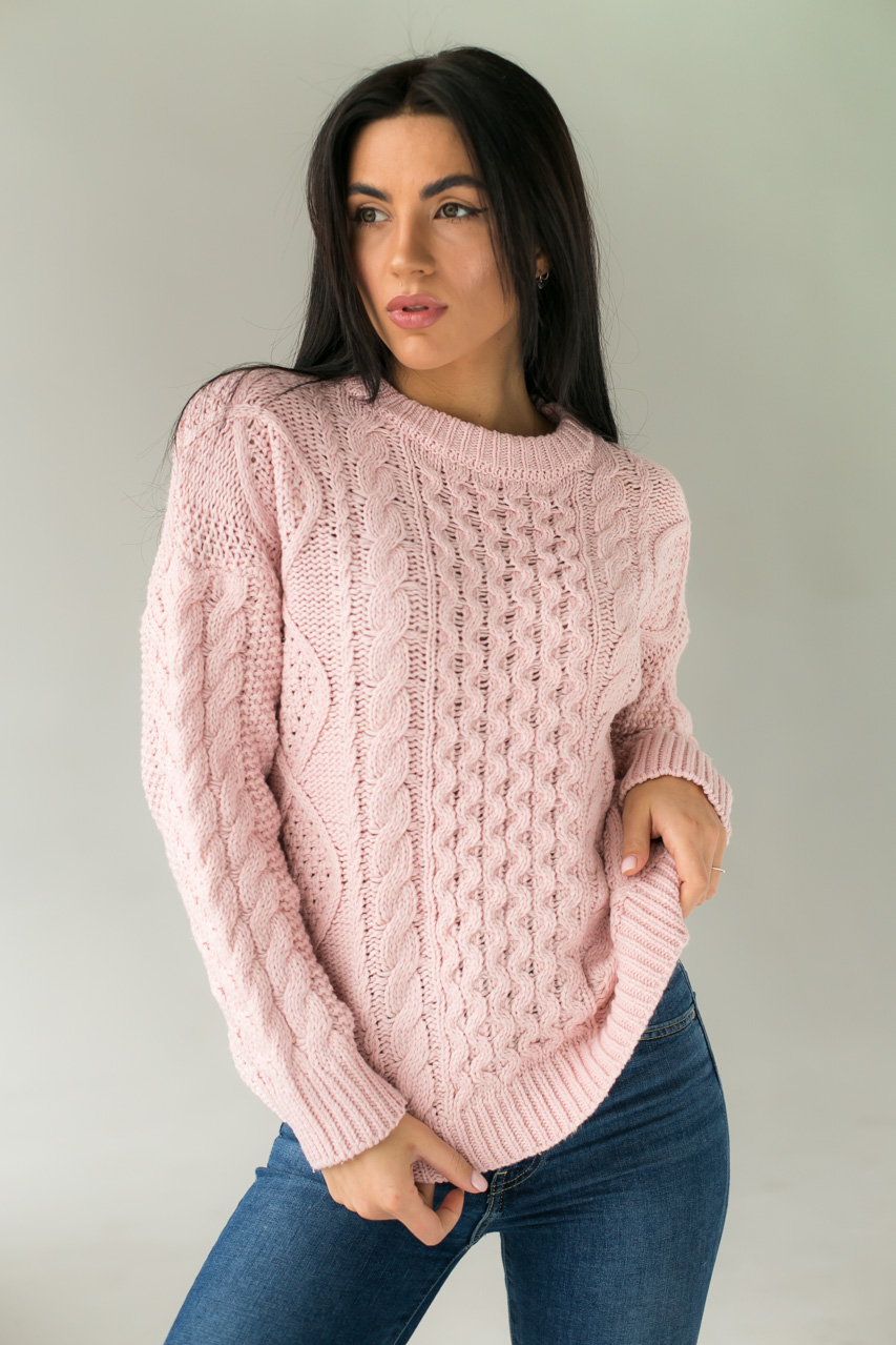 

Вязаный джемпер с красивыми узорами - пудра цвет, L/XL