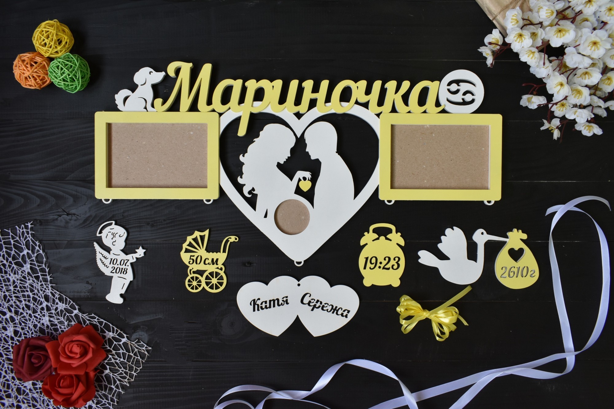 

Фоторамка детская из дерева с метрикой на 2 фото с парой УЗИ "Марина" под заказ (Метр0134)
