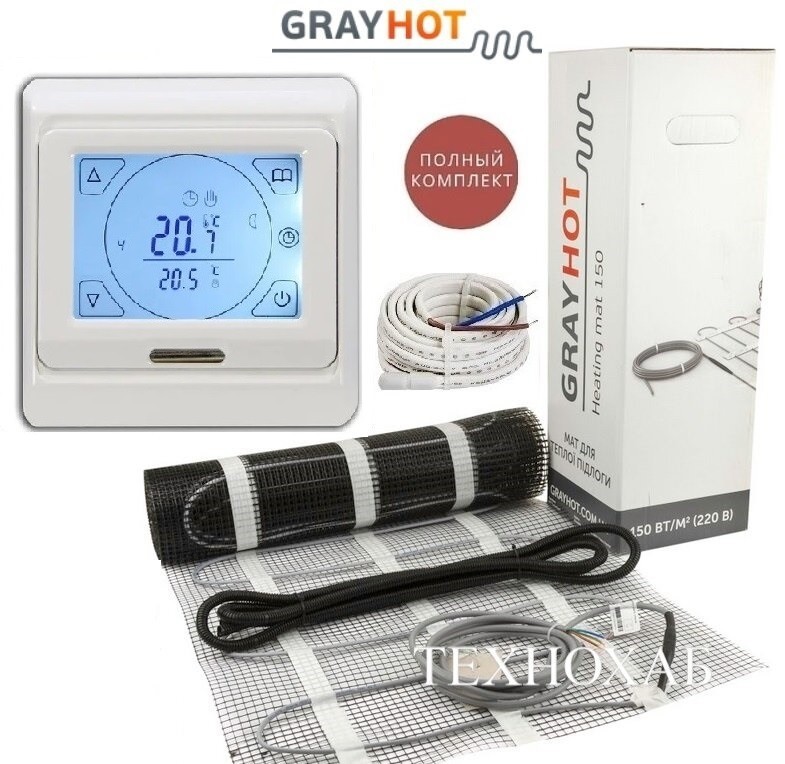 

Теплый пол Grayhot 10,2м²/1531Ват/ 150Вт/м² двухжильный нагревательный мат с сенсорным программируемым терморегулятором E 91