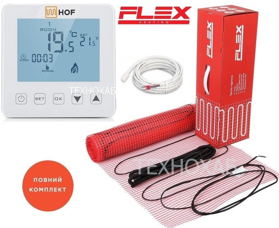 

Теплый пол Flex EHM 9,0м²/1575Вт/ 175Вт/м² двухжильный нагревательный мат под плитку с сенсорным программируемым терморегулятором HOF sen