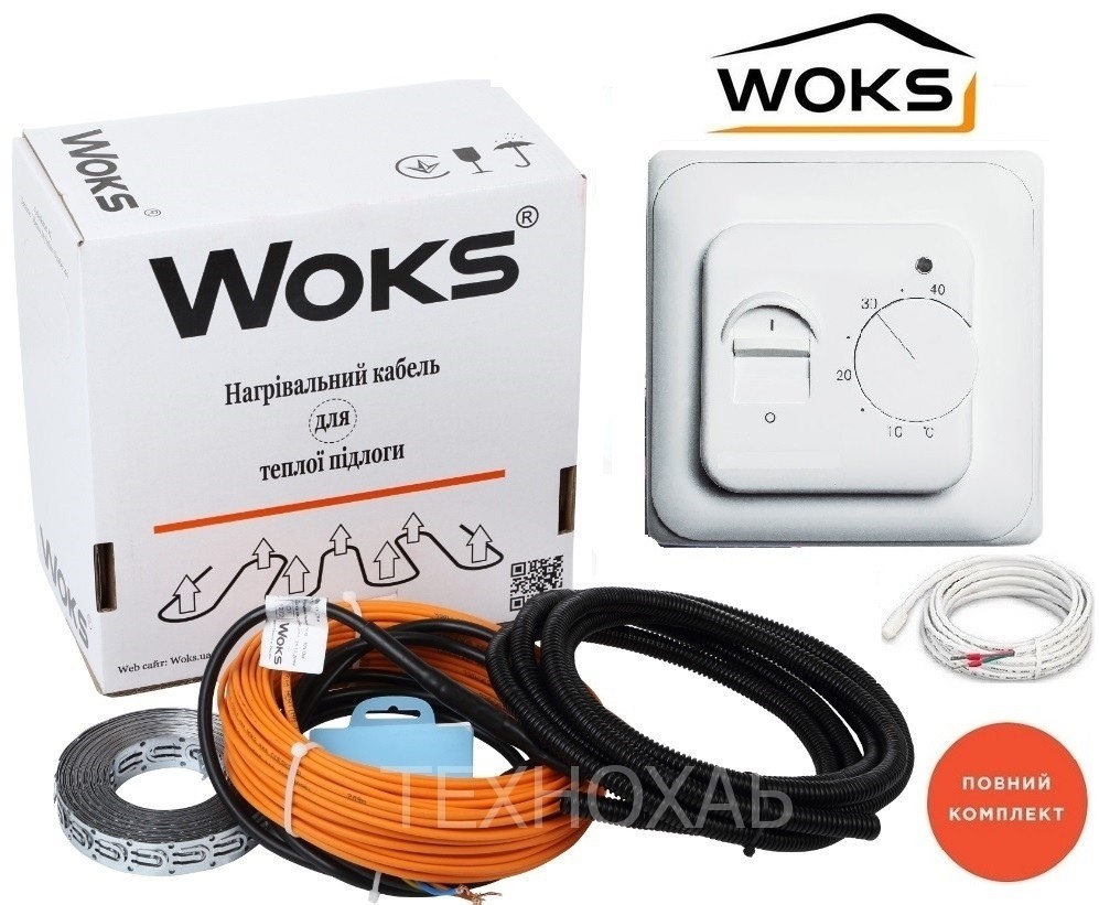 

Теплый пол Woks 8,4м²-10,5м²/1490Вт (84м) тонкий двухжильный нагревательный кабель под плитку 18Вт/м с механическим терморегулятором RTC 70