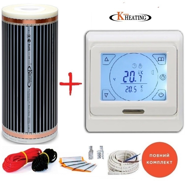 

Пленочный теплый пол Korea Heating-220Вт/м² 4,0м² (0.5м х 8м) /880Вт под ламинат с сенсорным программируемым терморегулятором E 91