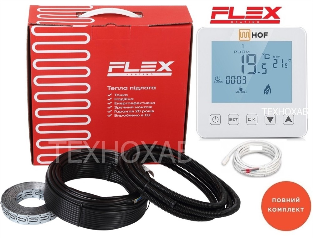 

Теплый пол Flex 15,0м²-18,0м²/2625Вт (150м) двухжильный нагревательный кабель под плитку EHC-17,5Вт/м с сенсорным программируемым терморегулятором HOF sen