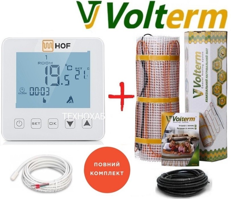 

Теплый пол Volterm Hot Mat 7,1м²/1200Вт/ 180Вт/м² электрический греющий мат под плитку с сенсорным программируемым терморегулятором HOF sen