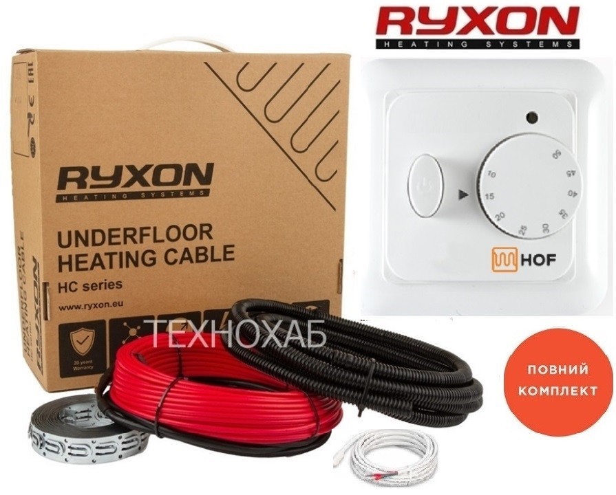 

Теплый пол Ryxon 1,0м²-1,3м²/200Вт (10м) тонкий кабель двужильный нагревательный под плитку HC-20Вт/м с механическим терморегулятором HOF 320