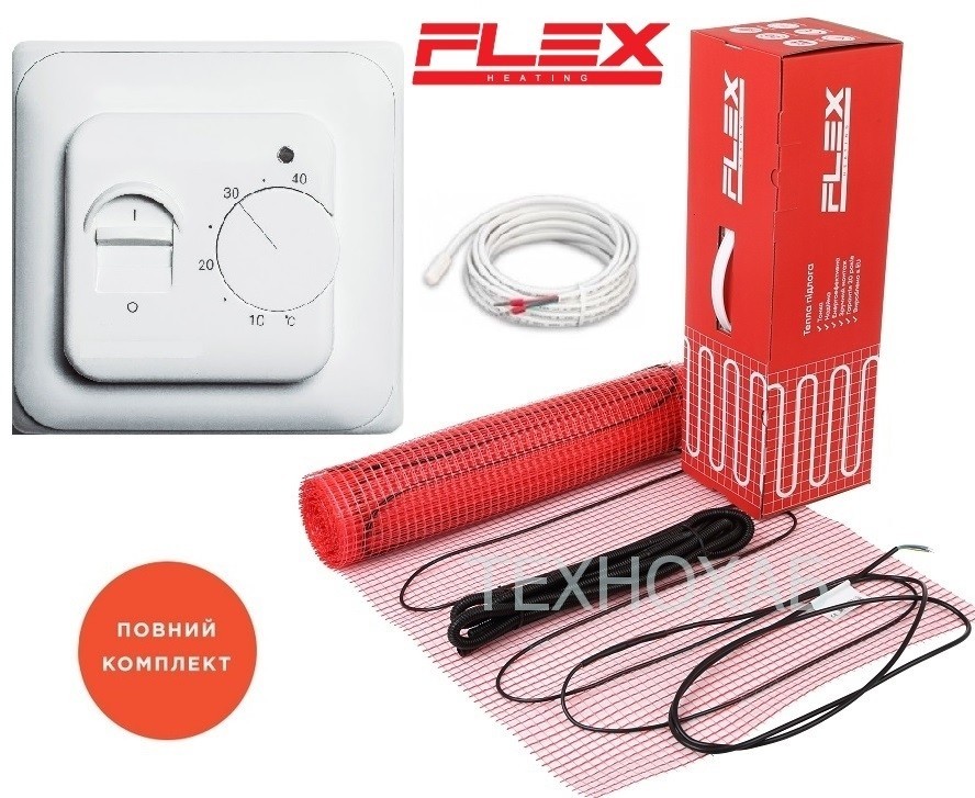 

Кабельный мат Flex EHM 3,5м²/612,5Вт/ 175Вт/м² теплый пол электрический под плитку с механическим терморегулятором RTC 70