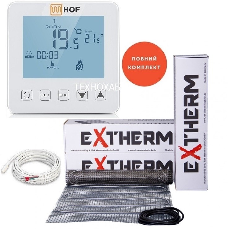 

Теплый пол EXTHERM ЕТ ЕСО 0,5м²/90Ват/ 180Вт/м² электрический греющий мат под плитку с сенсорным программируемым терморегулятором HOF sen