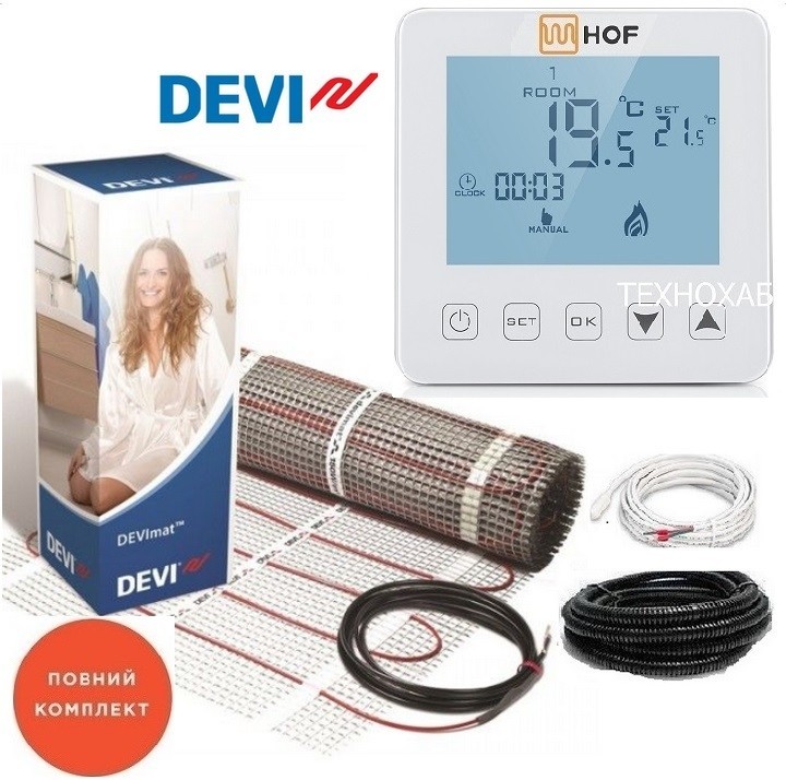 

Теплый пол DEVI 1,0 м²/ 150Ват/ DTIR-150Вт/м² двухжильный нагревательный мат с сенсорным программируемым терморегулятором HOF sen