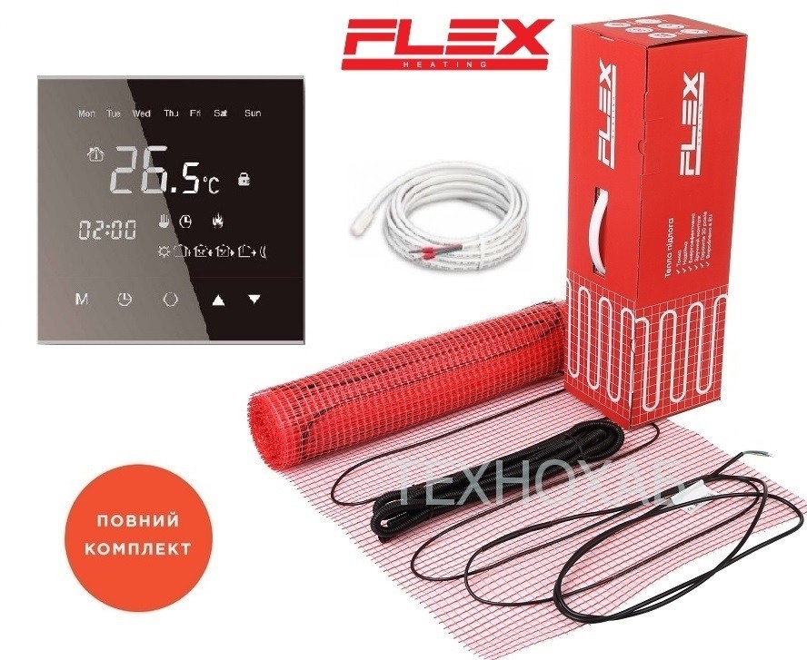 

Электрический теплый пол Flex EHM 4,0м²/700Вт/ 175Вт/м² тонкий нагревательный мат под плитку с сенсорным программируемым терморегулятором WarmLife черного цвета