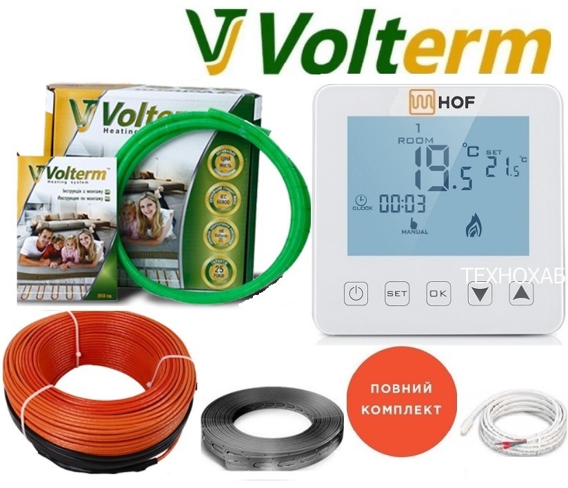 

Теплый кабельный пол Volterm 3,8м²-4,8м²/680Вт (38м) тонкий нагревательный кабель под плитку HR 18Вт/м с сенсорным программируемым терморегулятором HOF sen