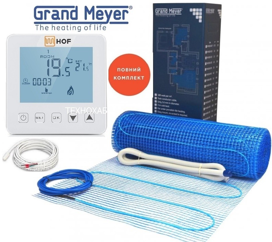 

Теплый пол Grand Meyer THM180-7,0м²/1260Вт 180Вт/м² двухжильный нагревательный мат под плитку с сенсорным программируемым терморегулятором HOF sen