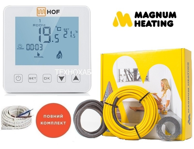

Теплый пол Magnum 10,0м²-12,5м²/1700Вт (100м) двухжильный нагревательный кабель 17Вт/м с сенсорным программируемым терморегулятором HOF sen