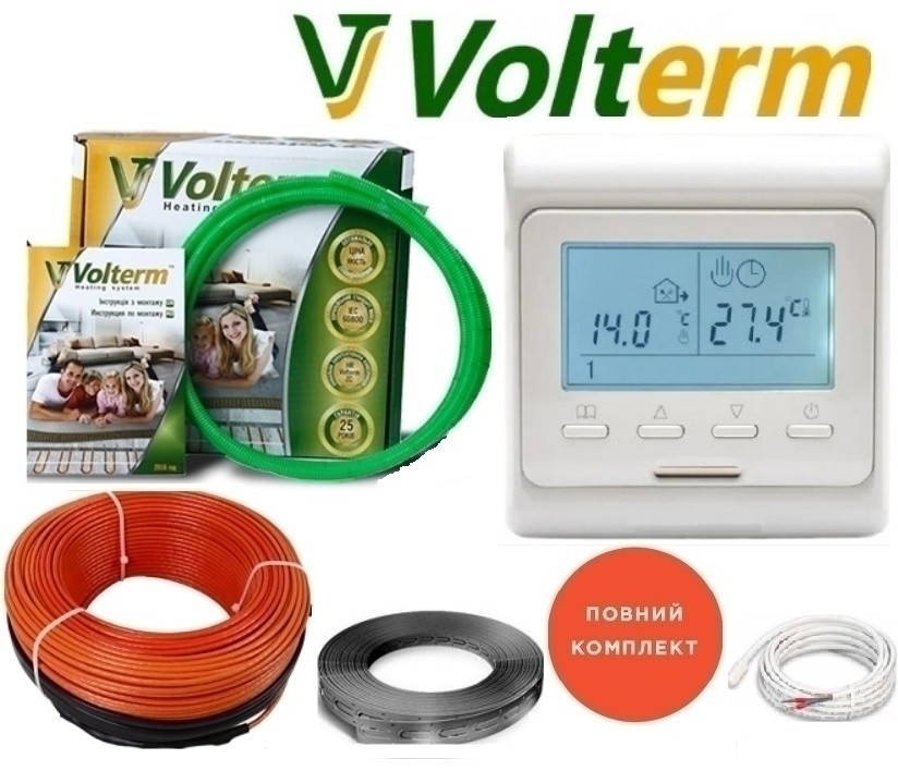 

Электрический теплый пол Volterm 1,2м²-1,5м²/210Вт (12м) тонкий греющий кабель под плитку HR 18Вт/м с программируемым терморегулятором E51