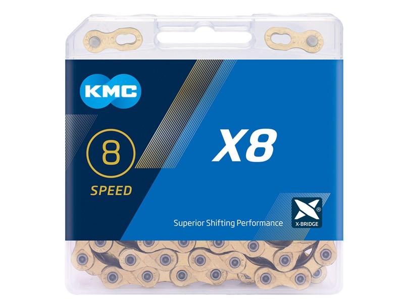 

Велосипедная цепь KMC X8 1/2"х3/32" 114 зв. (8ск.) золотистый