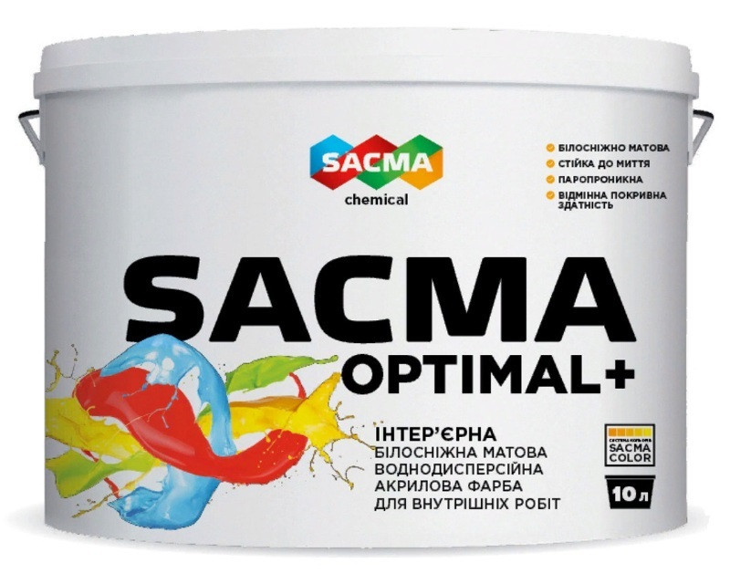 

Краска акриловая SACMA OPTIMAL PLUS интерьерная белоснежная 10л