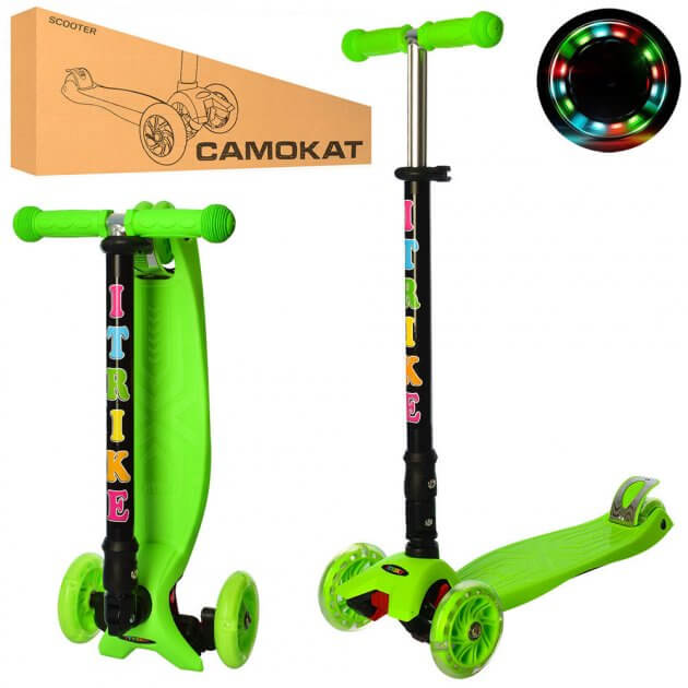 

Самокат MAXI I-trike зеленый с 3-мя колесами ПВХ со световыми эффектами с рулем 76-85 см складной JR3-003-1-GR I-trike (JR3-003-1-GR)