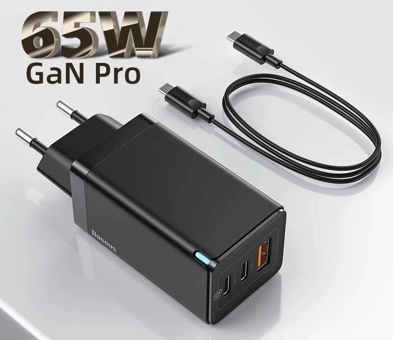 

Зарядное устройство Baseus GaN 2 PRO Quick Charger 65W (2 Type-С+USB) + кабель USB-C 100W для MacBook/iPad/iPhone/Android