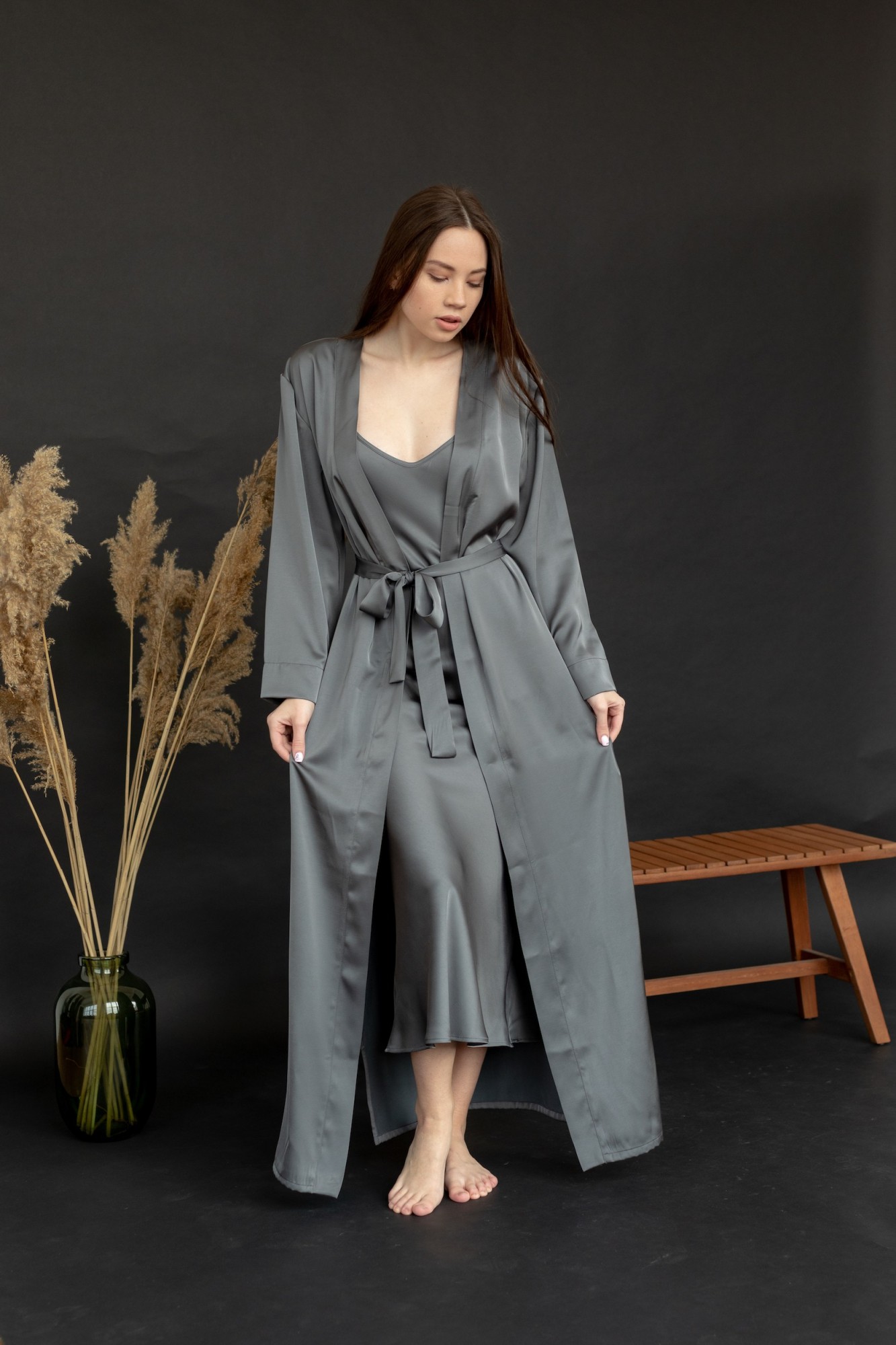 

Халат длинный женский шелковый Mia S/M Серый HLT1