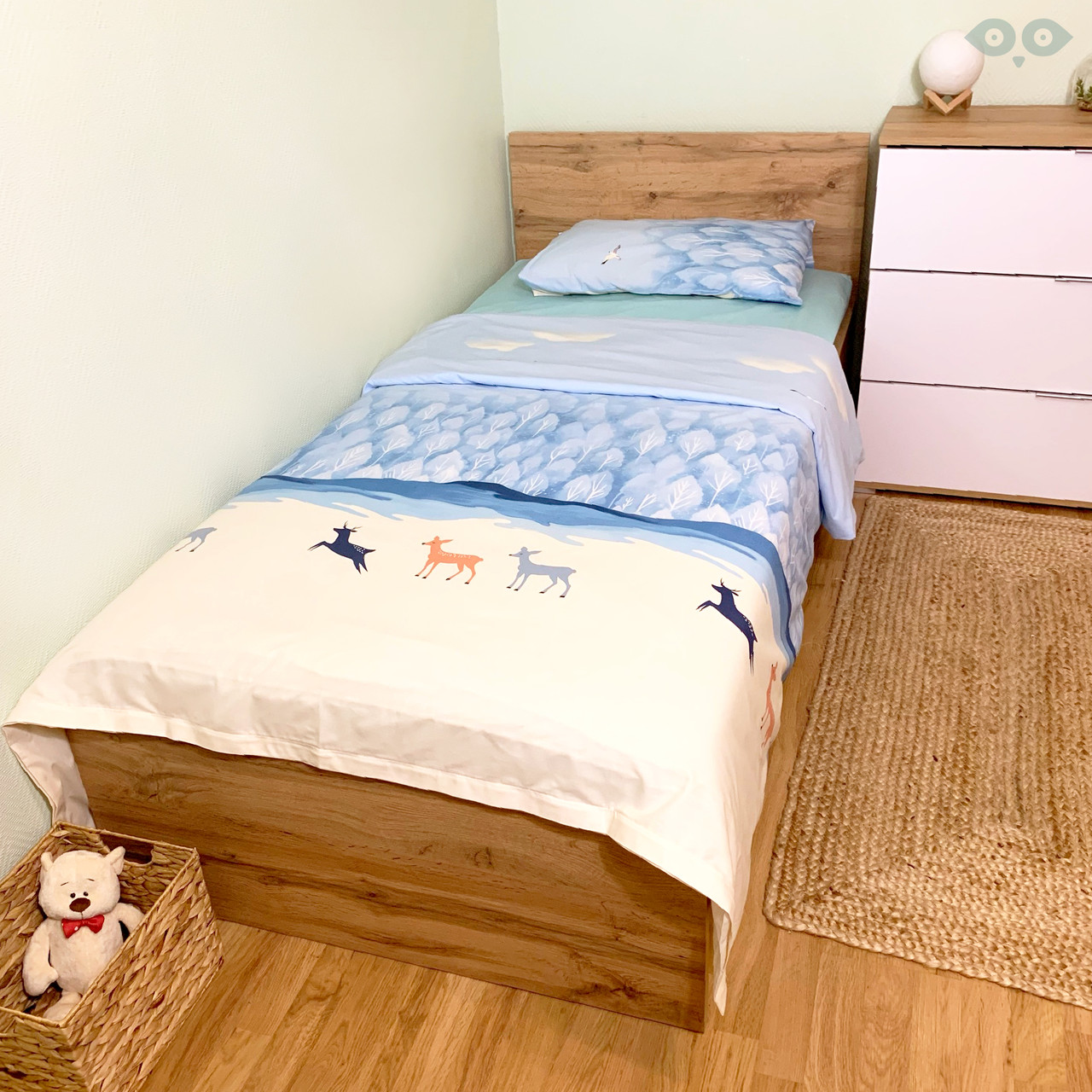 

Полуторный комплект постельного белья RaccoonLand 155x205 голубой с трикотажной простынью