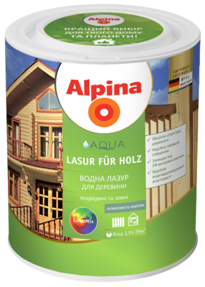 

Alpina Aqua Lasur fur Holz лазурь цветная для защиты древесины, акрилатная, водоотталкивающая, защищает от УФ-лучей