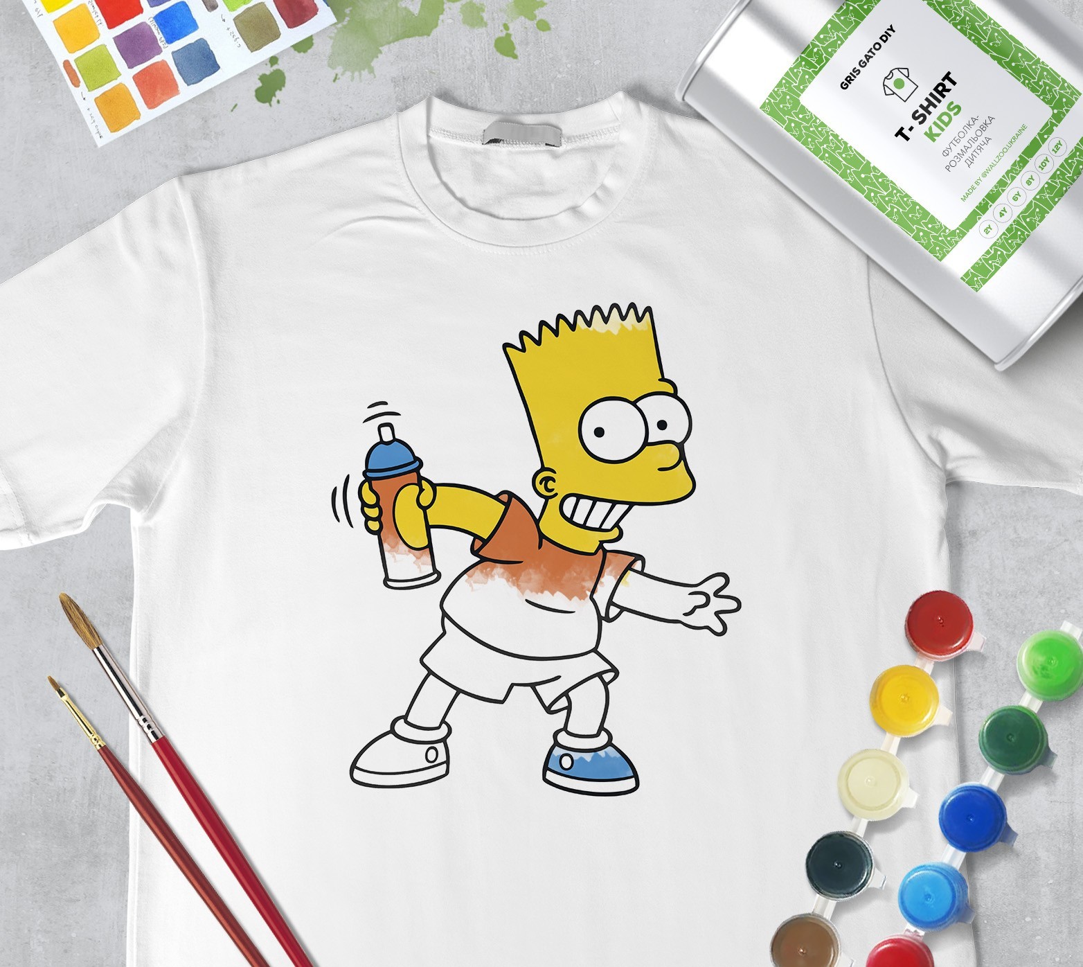 

Набор для рисования для девочек "Барт Симпсон" Bart Simpson" Футболка-раскраска белая (+краски и 2 кисточки) WallZoo 140см 9-11 лет