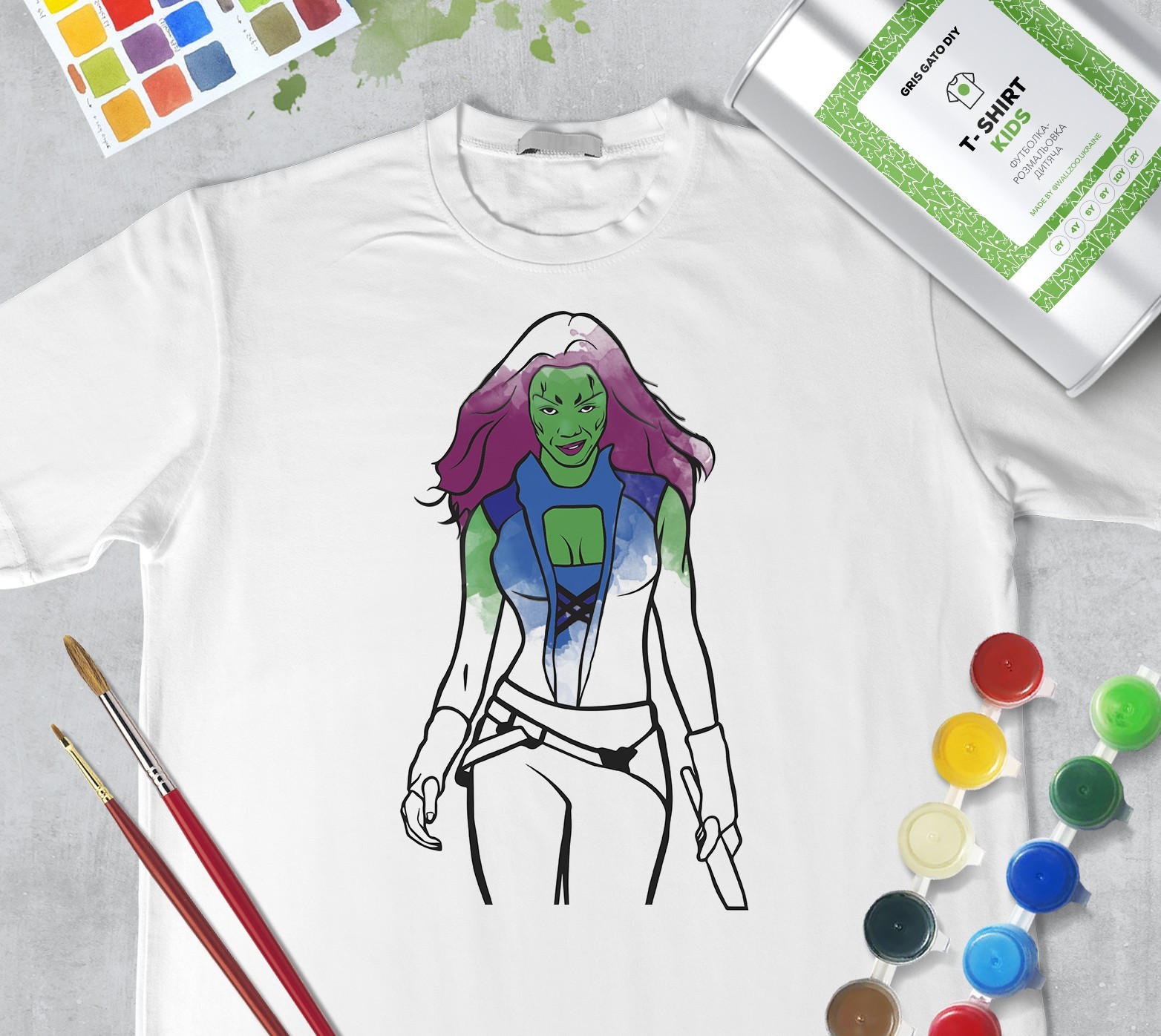 

Набор для рисования для девочек "Гамора" Gamora" Футболка-раскраска белая (+краски и 2 кисточки) WallZoo 140см 9-11 лет