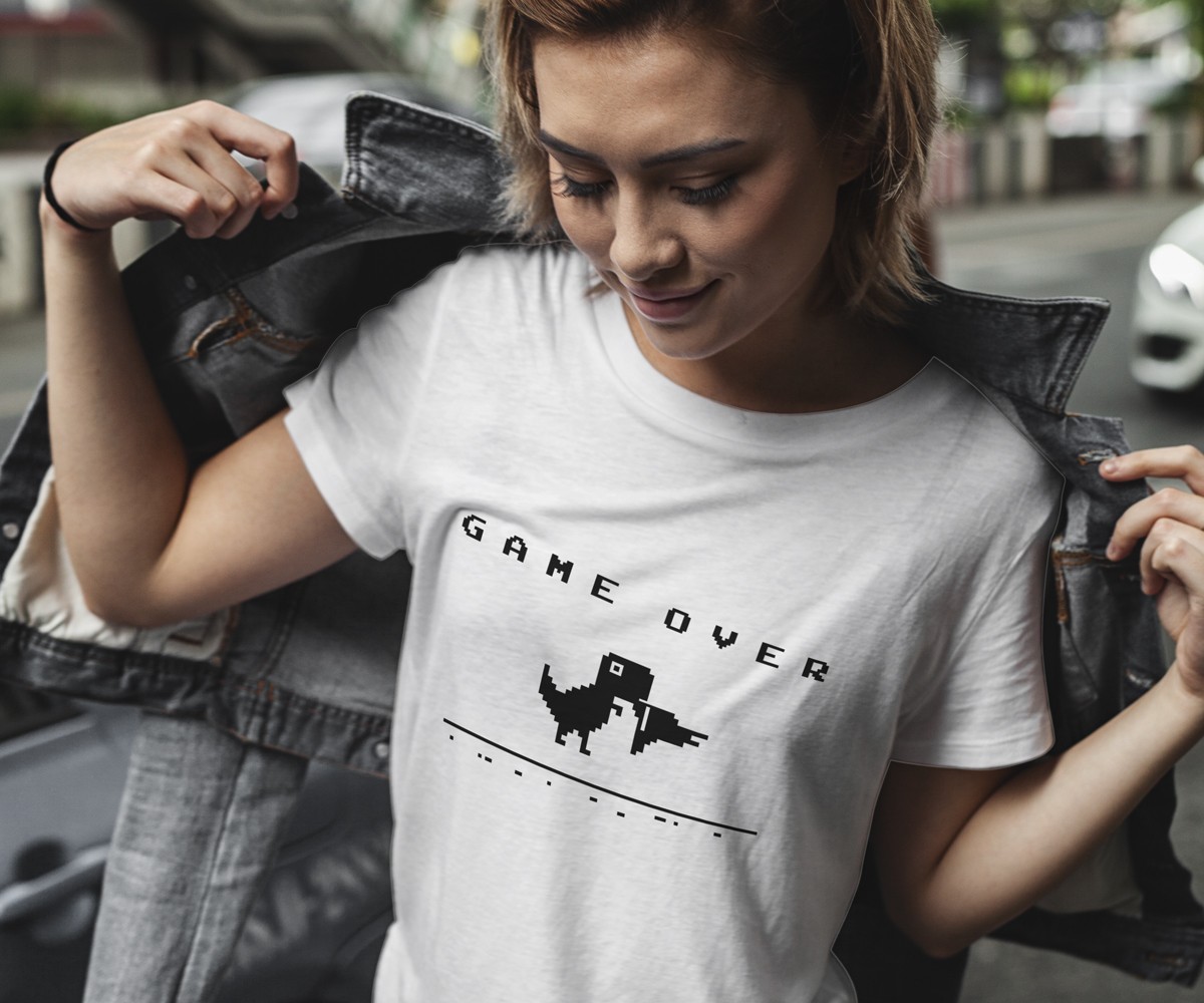 

Футболка женская белая с принтом "Google T-Rex - Game Over", размер , WallZoo, Футболка женская белая с принтом "Google T-Rex - Game Over", размер L, WallZoo