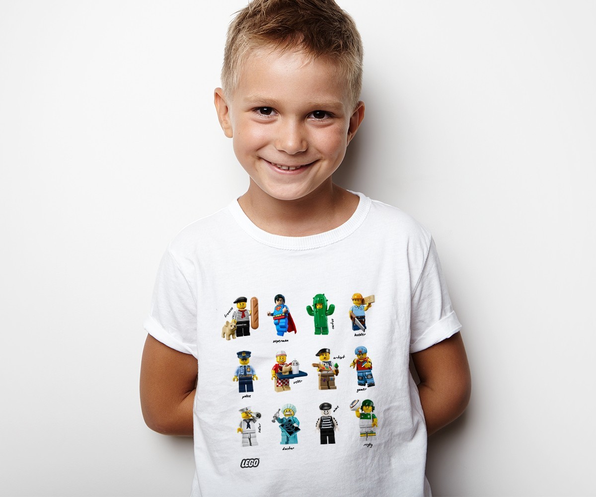 

Футболка для мальчиков, белая с принтом "Lego - профессии". Рост 152 см (12, 13, 14 лет) TM WallZoo. 100% хлопок.