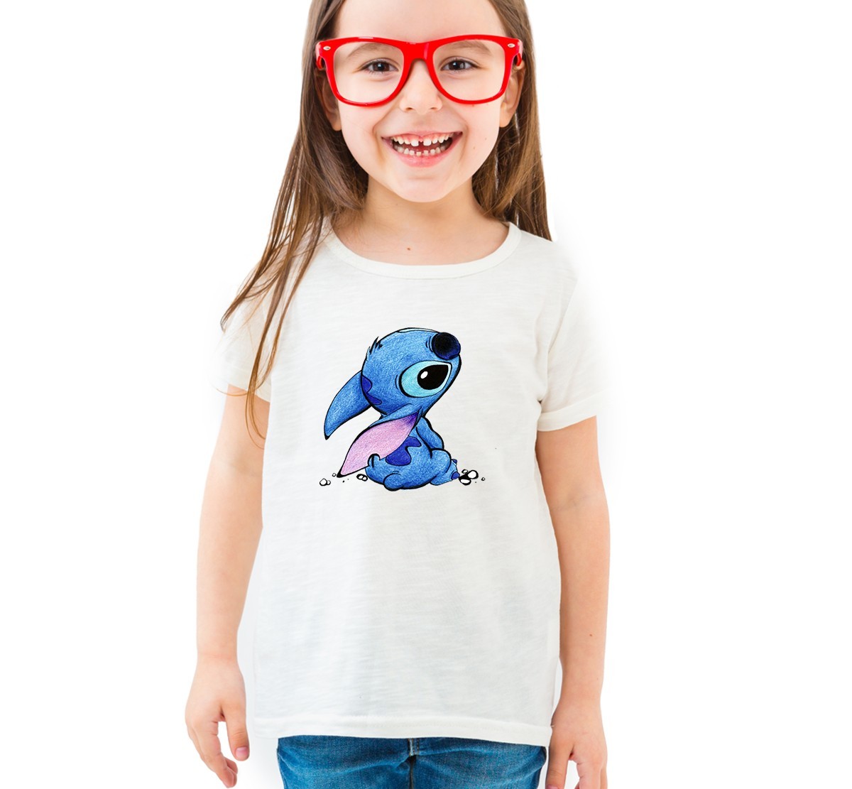 

Футболка для девочек, белая с принтом "Stitch". Рост 128 см (7-8 лет) TM WallZoo. 100% хлопок.