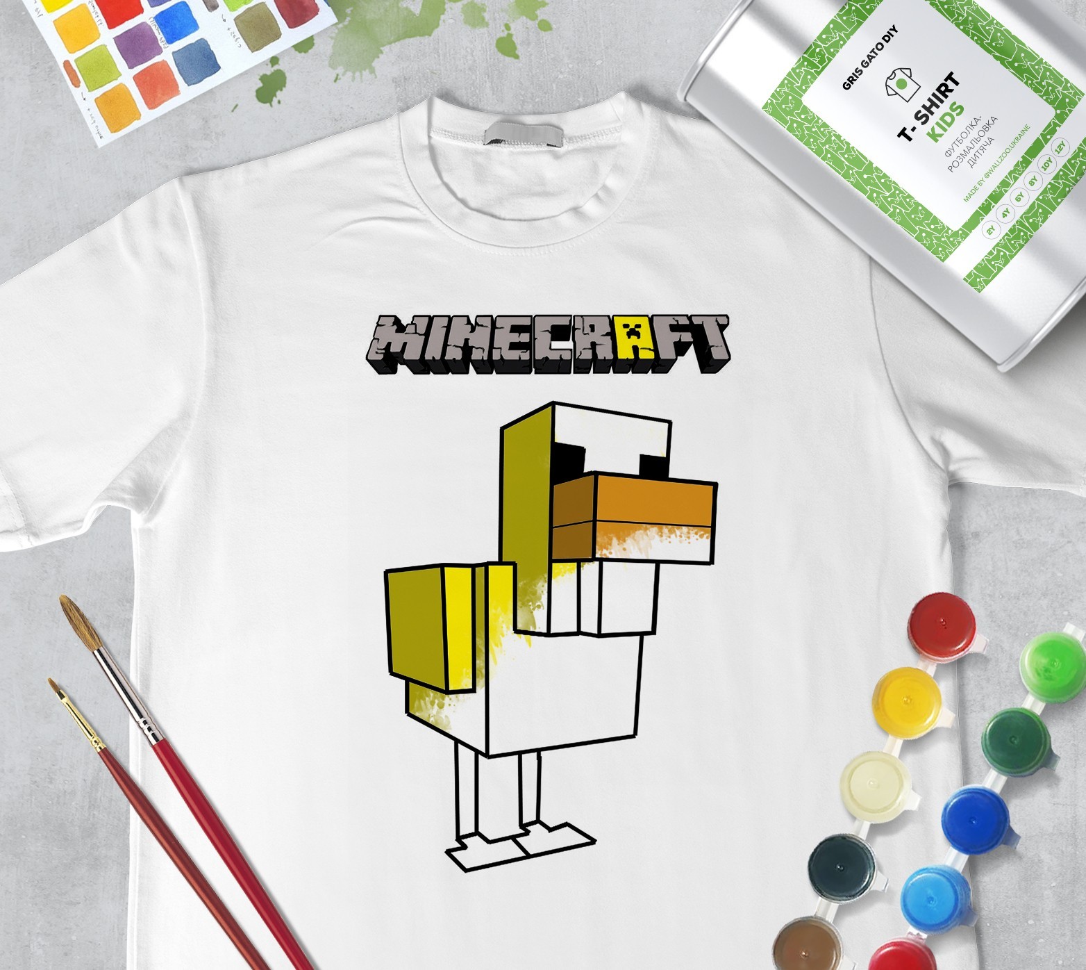 

Набор для рисования для мальчиков ""Утка Майнкрафт" Duck minecraft" Футболка-раскраска белая (+краски и 2 кисточки) WallZoo 140см 9-11 лет