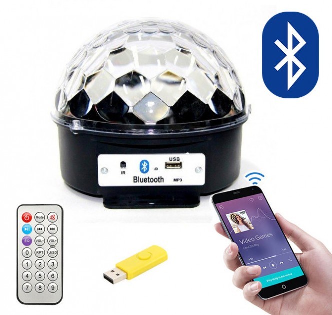 

Диско шар светодиодный музыкальный Ball,MP3 с флешкой и ПДУ, Bluetooth (Блютуз) LED светомузыка для дома
